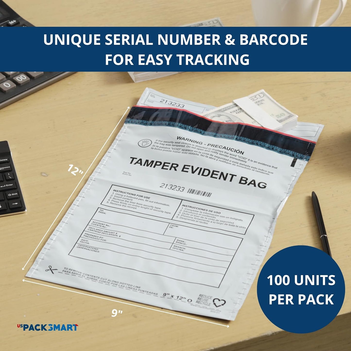 9”x12" Opaque Plastic Deposit Bags with Security Tape Tamper Evident - Secure Bank Deposits, Cash Handling, & Currency Transport | Self-Sealing Tape with Hidden Graphics | 100-Pack