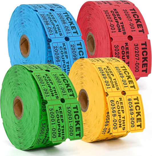 L LIKED 4000 Pairs Double Raffle Tickets - 4 Assorted Colors (Blue, Yellow, Red, Green), 1000 Tickets per Roll for Events, Fundraisers & Parties