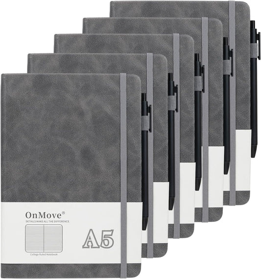 Notebooks Journal for Women Men 5 Pack Bulk Leather Hardcover with Pen Holder A5 160 Pages 100 GSM Thick Paper for Work School Lined Gray