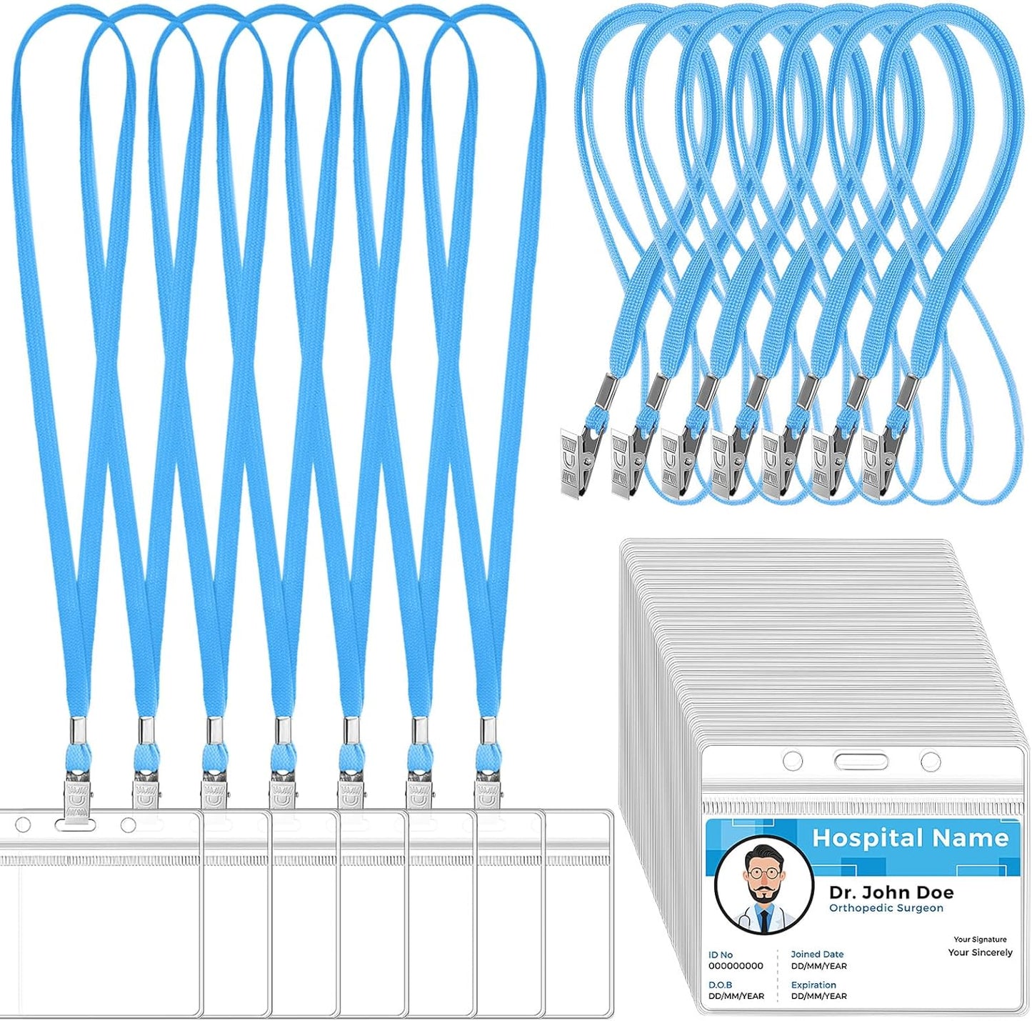 Marspark 50 Sets Clear Name Tags with Lanyard, Lanyards for ID Badges Reusable Strap with ID Holder Plastic Name Badges for Adults Business School Church Conference (Lake Blue)