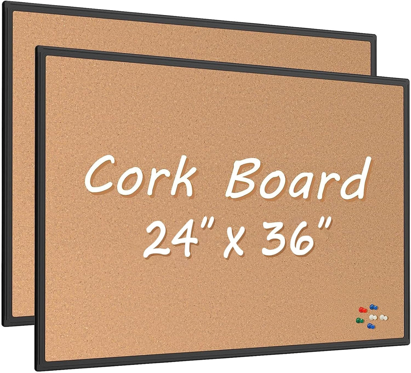 Board2by 2-Pack Cork Board Bulletin Board 24 x 36, Black Aluminium Framed 2 x 3 Corkboard, Office Board for Wall Cork, Large Wall Mounted Notice Pin Board with 32 Push Pins for School, Home & Office
