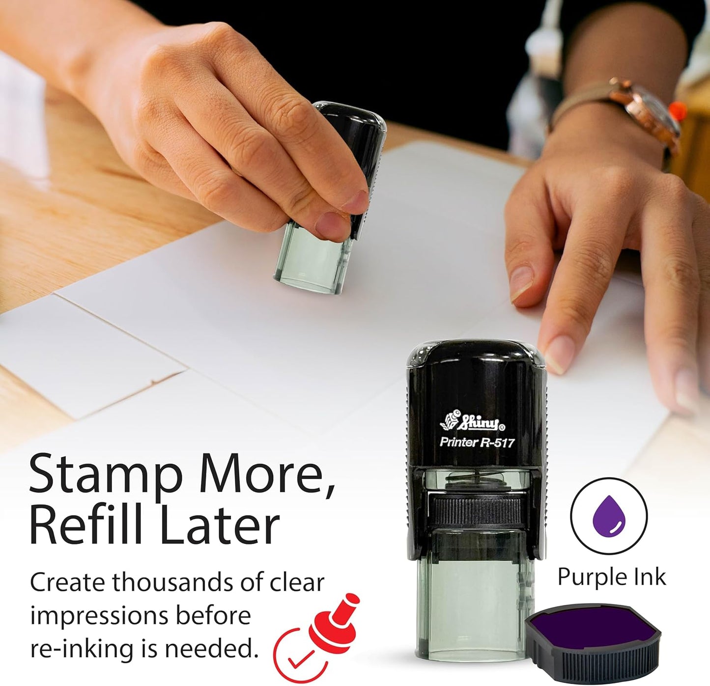 Shiny Ribbon Teacher Stamp, Round Self Inking Stamp for Classroom, Purple Ink