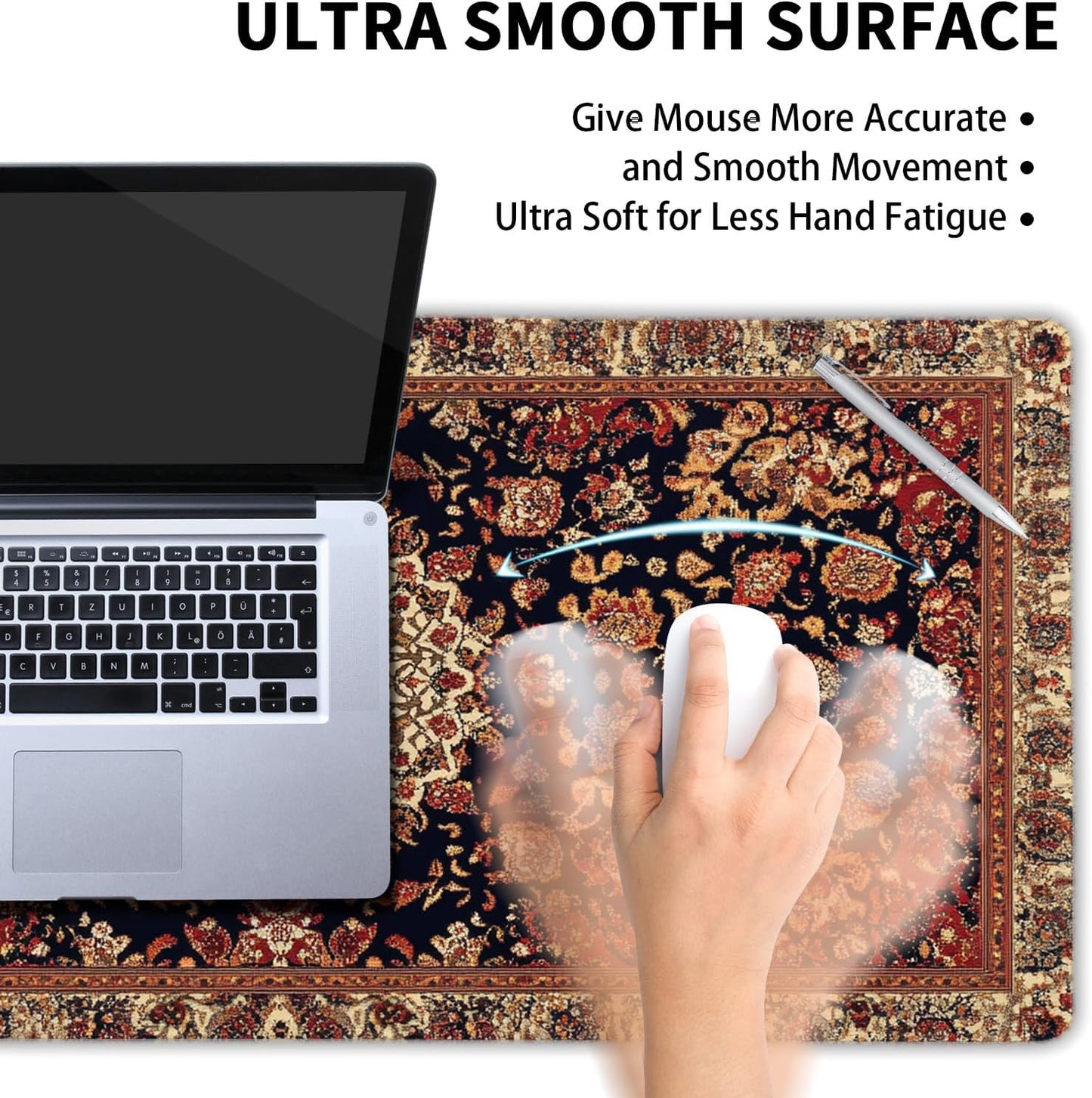 Vintage Rug Gaming Mouse Pad XL Dark Brown Retro Carpet Aesthetic Extended Large Mat Mousepad Desk Pad Non-Slip Rubber Base Stitched Edge Flower Keyboard Pad Playmat for Computer,31.5×11.8 Inch