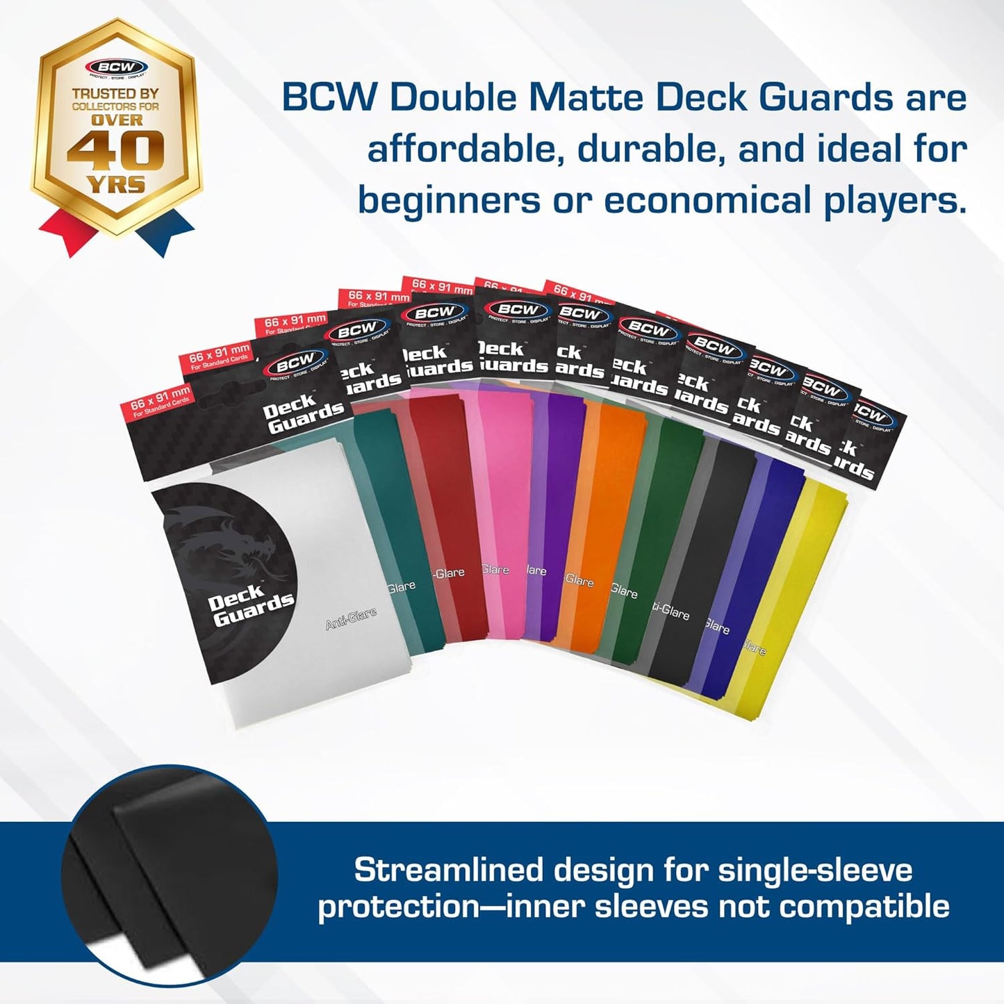 BCW Deck Guard - Double Matte Card Sleeves | 500 Count Box (10 Packs of 50 Sleeves) |Acid-Free, No PVC | Fits 2.5" x 3.5" Game Cards | Archival Safe Sleeves for Card Protection (White)
