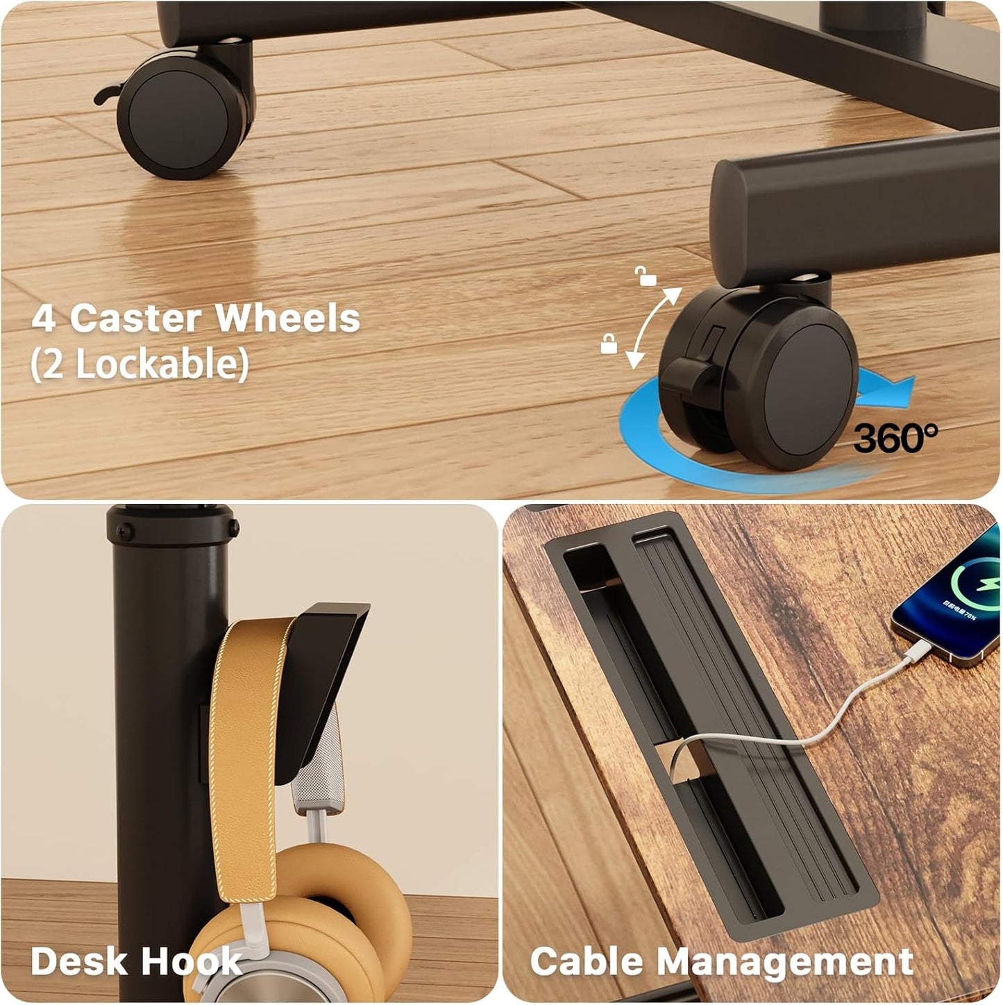 Mobile Standing Desk, 28 inch Rolling Standing Laptop Desk with Cup Holder, Mobile Desk Workstation with Wheels, Portable Computer Desk Cart with Hook for Home Office, Rustic Brown