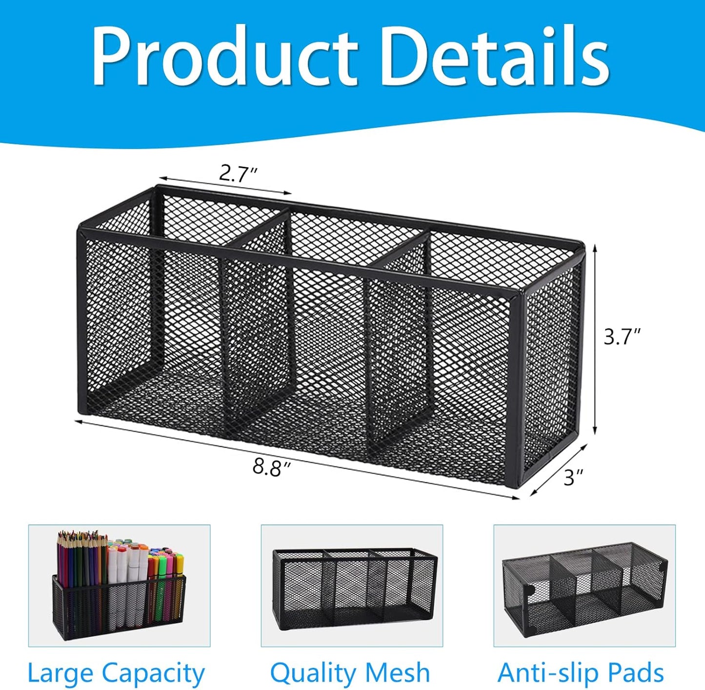 2PCS Black Mesh Pen Pencil Holder, Small Metal Desk Organizer Desktop Stationery Office Supplies Acessories Storage Stand, 3 Compartments Brushes Holder for Home School Classroom Teachers