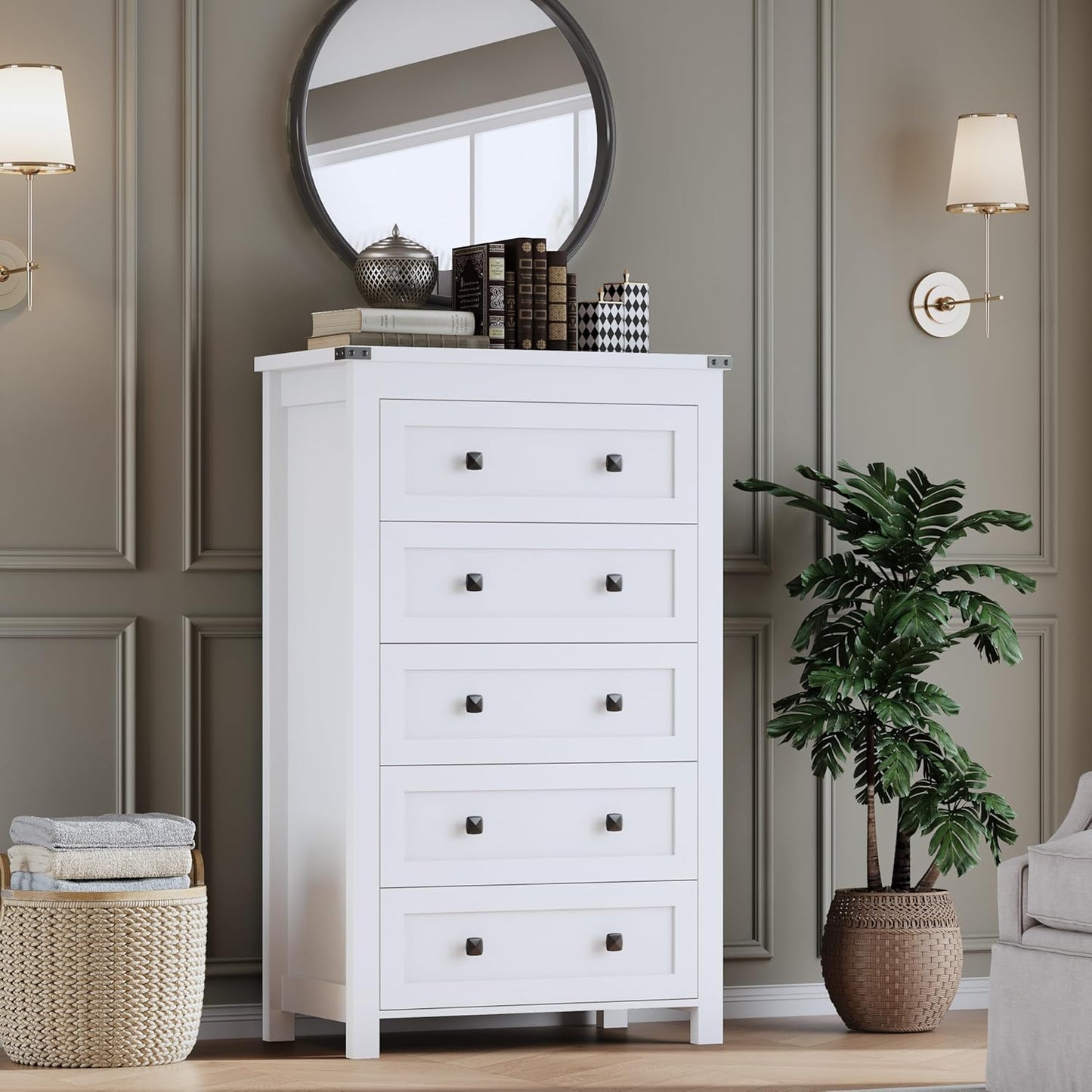 Tall 5-Drawer Dresser, Modern Wooden Storage Chest of Drawers, Dresser TV Stand, Wood Drawer Organizer with Metal Handles for Bedroom, Living Room, Hallway