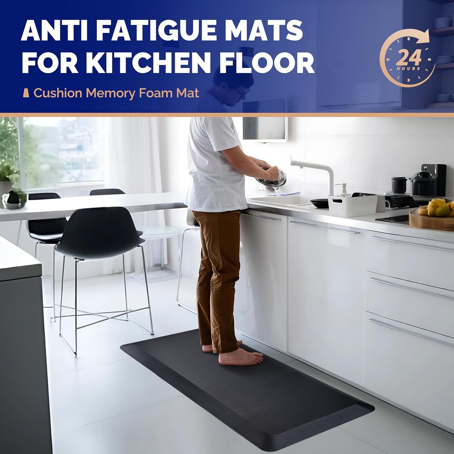 FEATOL 2 Packs Anti Fatigue Mat for Kitchen Floor Thick Cushioned Standing Desk Mat, Ergonomic Kitchen Mats Set of 2, Memory Foam Comfort Floor Mat Padded Foam Rugs, Non-Slip (20" x 39", Black)