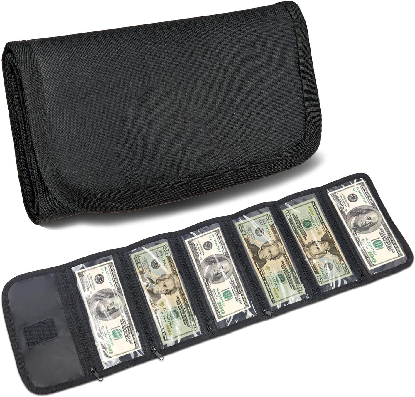 VOCHIC Money Wallet, Money Organizer for Cash with 6 Zippered Pocket Multipack Money Pouch, Cash Bill Organizer, Money Bag Small Travel Money Holder for Budgeting, Receipt and Tips (Black)