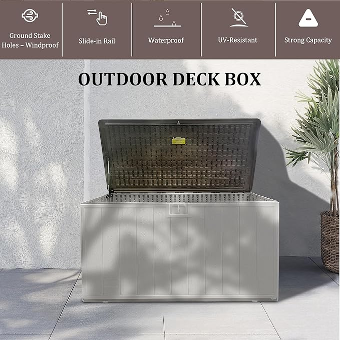 Premium Pro Edition 110 Gallon Lockable Resin Deck Box, Waterproof & UV-Resistant Outdoor Storage Box for Outdoor Cushion Storage, Garden Tools & Pool Accessories Storage, White