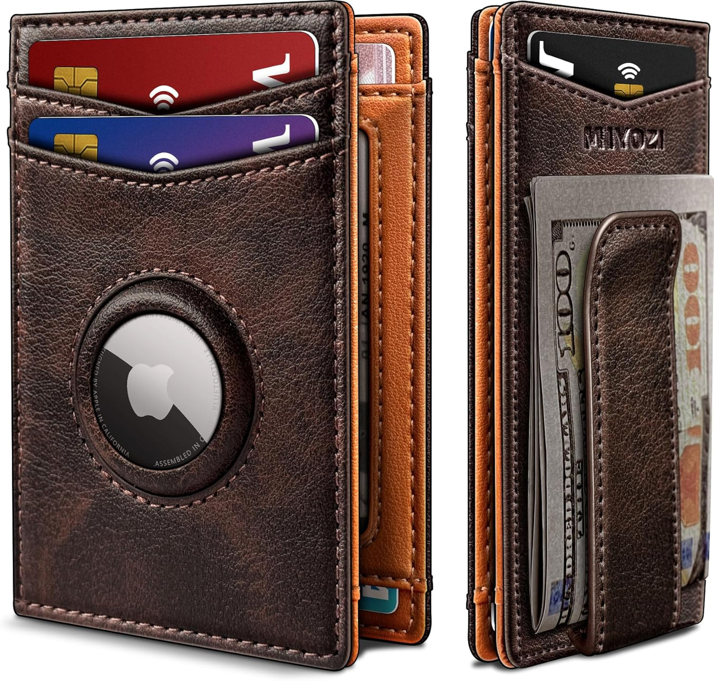 Airtag Wallet for Men- with Money Clip Gift Boxed, Magnetic Closure Slim Genuine Leather Front Pocket Wallet, 4.1"x 2.8", RFID Blocking