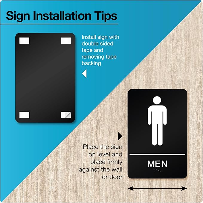 ADA Braille Mens Restroom Sign for Business with Double Sided 3M Tape - ABS Plastic Mens Bathroom Sign 9” x 6” for Offices and Restaurants