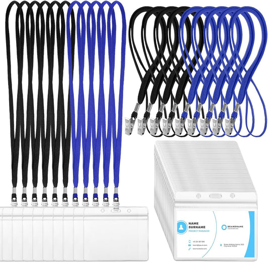 Marspark 100 Sets Clear Name Tags with Lanyard, Lanyards for ID Badges Reusable Strap with ID Holder Plastic Name Badges for Adults Business School Church Conference (Black,Blue)