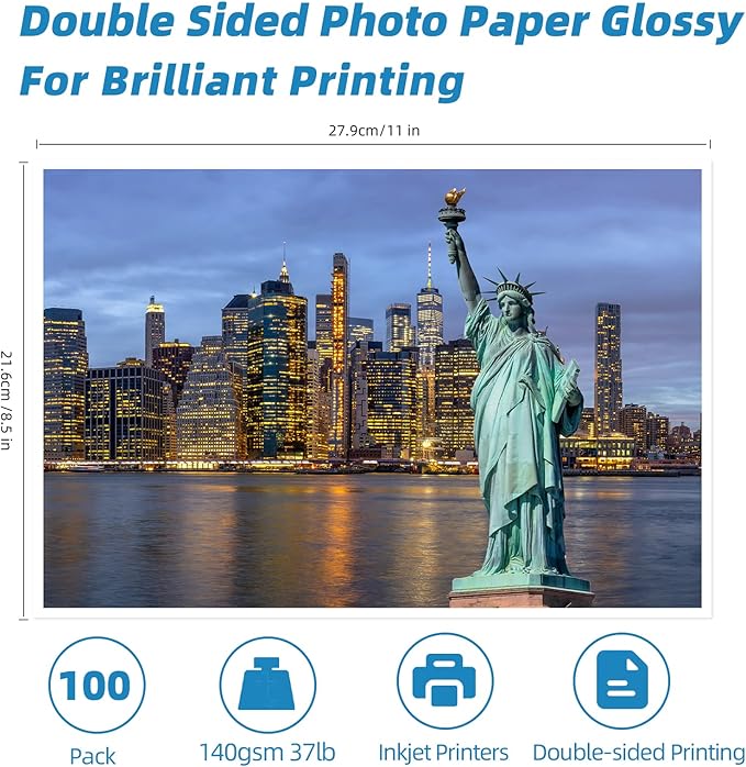 Uinkit 100 sheets Brochure Paper Glossy Double Sided 8.5x11 Inkjet 37lb 140gsm Dye ink Thin Photo Picture Flyer Calendar Magazine CD Cover letter