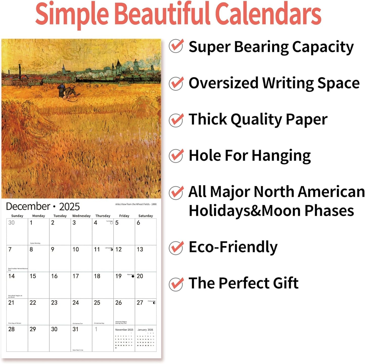 2025 Wall Calendar,Calendar 2025, January 2025 - December 2025, Wall Calendar Vincent van Gogh Painting, 12" x 24" Opened,Full Page Months Thick & Sturdy Paper for Calendar Organizing & Planning