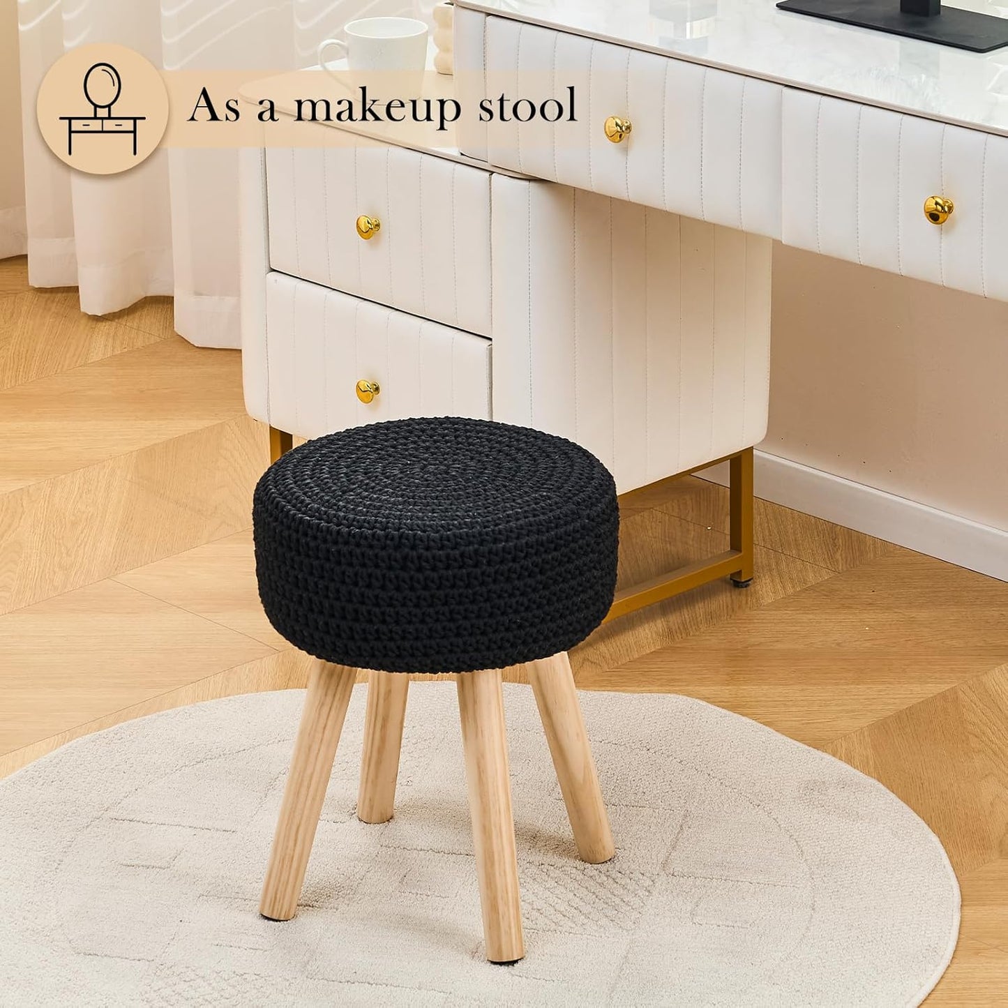 Cotton Knitted Ottoman Round Vanity Stool Modern Footstool Ottoman Footrest with Non-Skid Wood Legs for Living Room Bedroom Black