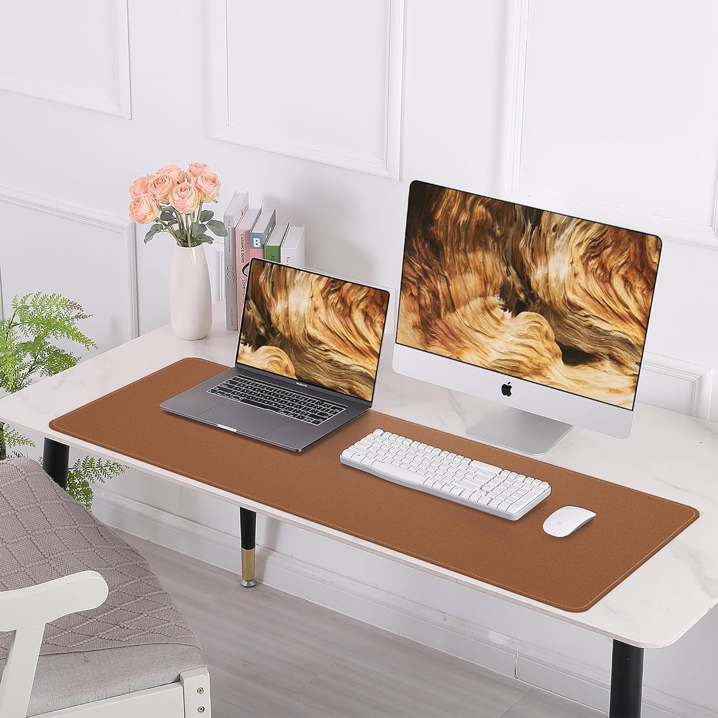 AFIING Leather Desk pad Protector, Large Non-Slip Office Desk Mat with Natural Cork & PU Leather, Waterproof Writing Mouse Pad for Office and Home (55in*17in,Brown)