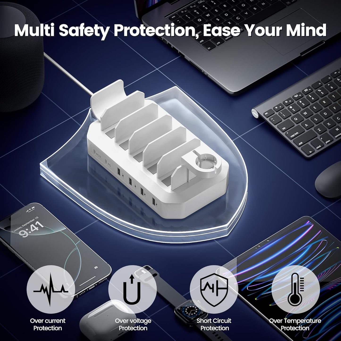 190W Fast Charging Station for Multiple Devices【Certified Safer Charging】 6 Port USB Charger Station - Family Multi-Device Organizer Charging Dock Compatible with iPhone/Android/MacBook/iPad/Tablet