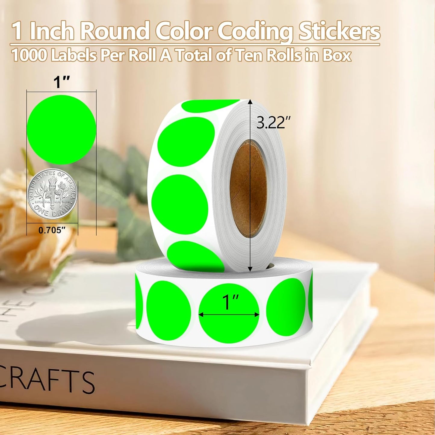 Fluorescent Green 1 Inch Round Color Coding Dot Labels, 10 Rolls 10000 Dot Stickers in Dispenser Box - Permanent Adhesion, Vibrant Colors, Highly Visible