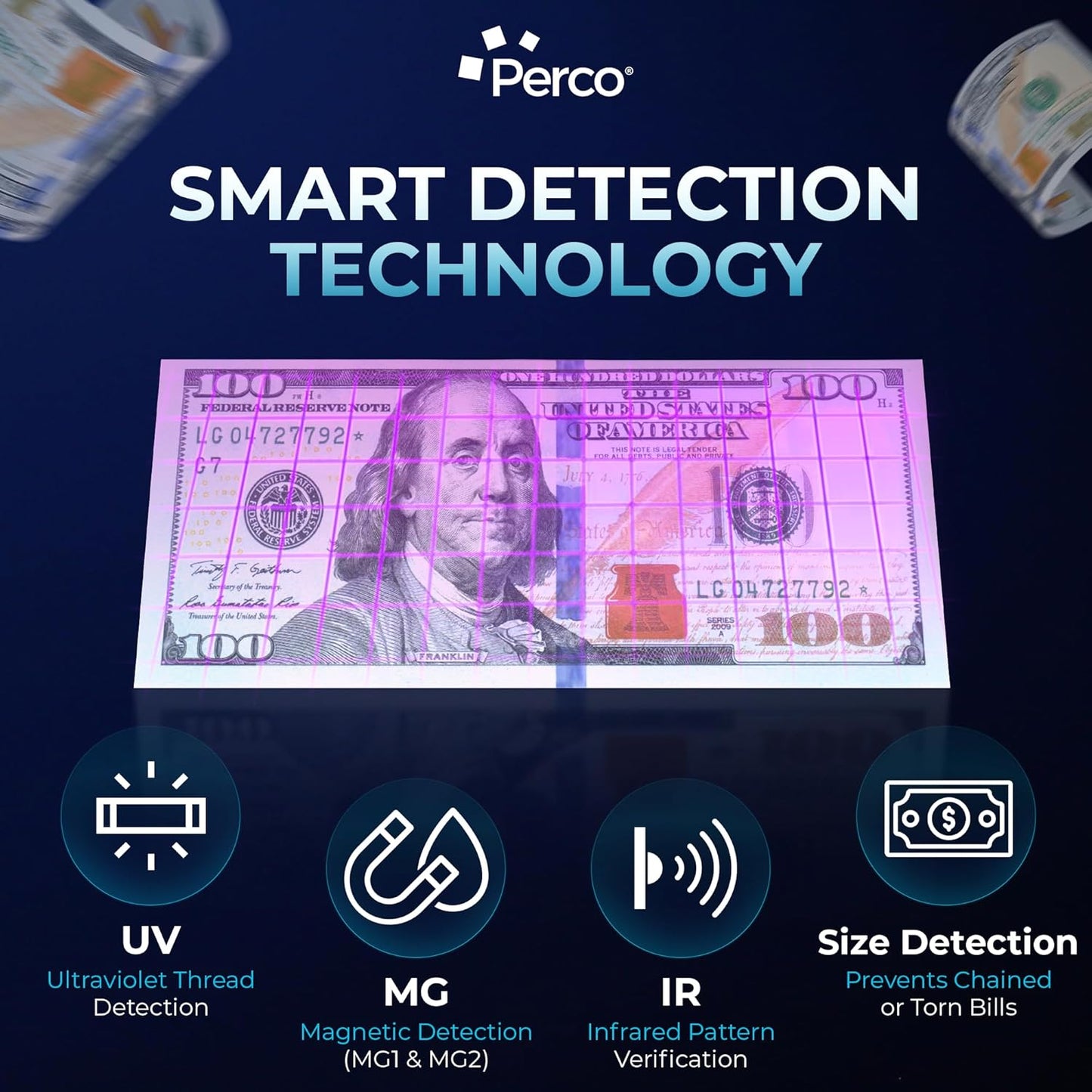 Perco Bill Counter and Counterfeit Detector Machine – Money Counter Machine with UV/MG1/MG2/IR, Voice Alerts, Keypad, Add & Batch Modes, Volume Control, Multi-Currency (USD/EUR/INR), LCD Display