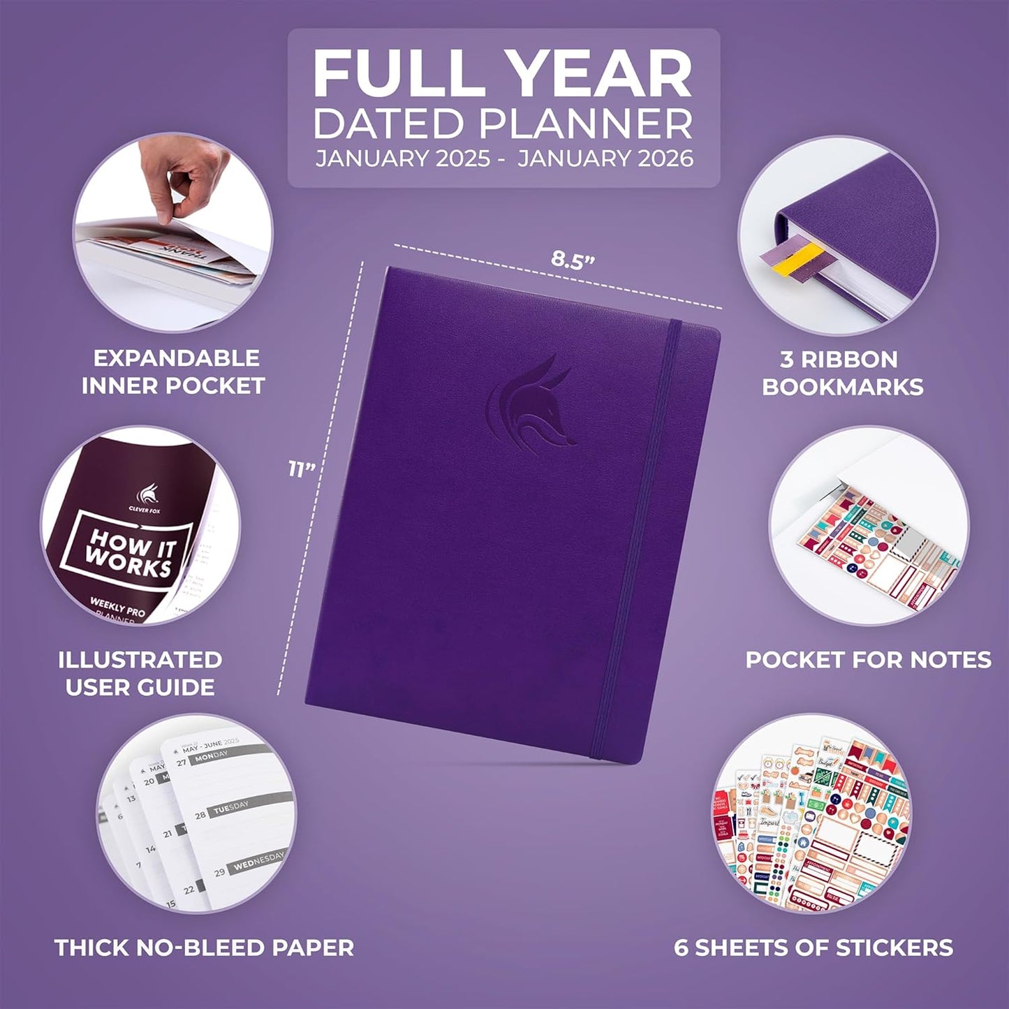 Clever Fox Planner PRO Dated (Jan 2025–Jan 2026) Weekly & Monthly Life Planner to Increase Productivity, Time Management and Hit Your Goals – Organizer, Gratitude Journal – A4 Size (Purple)