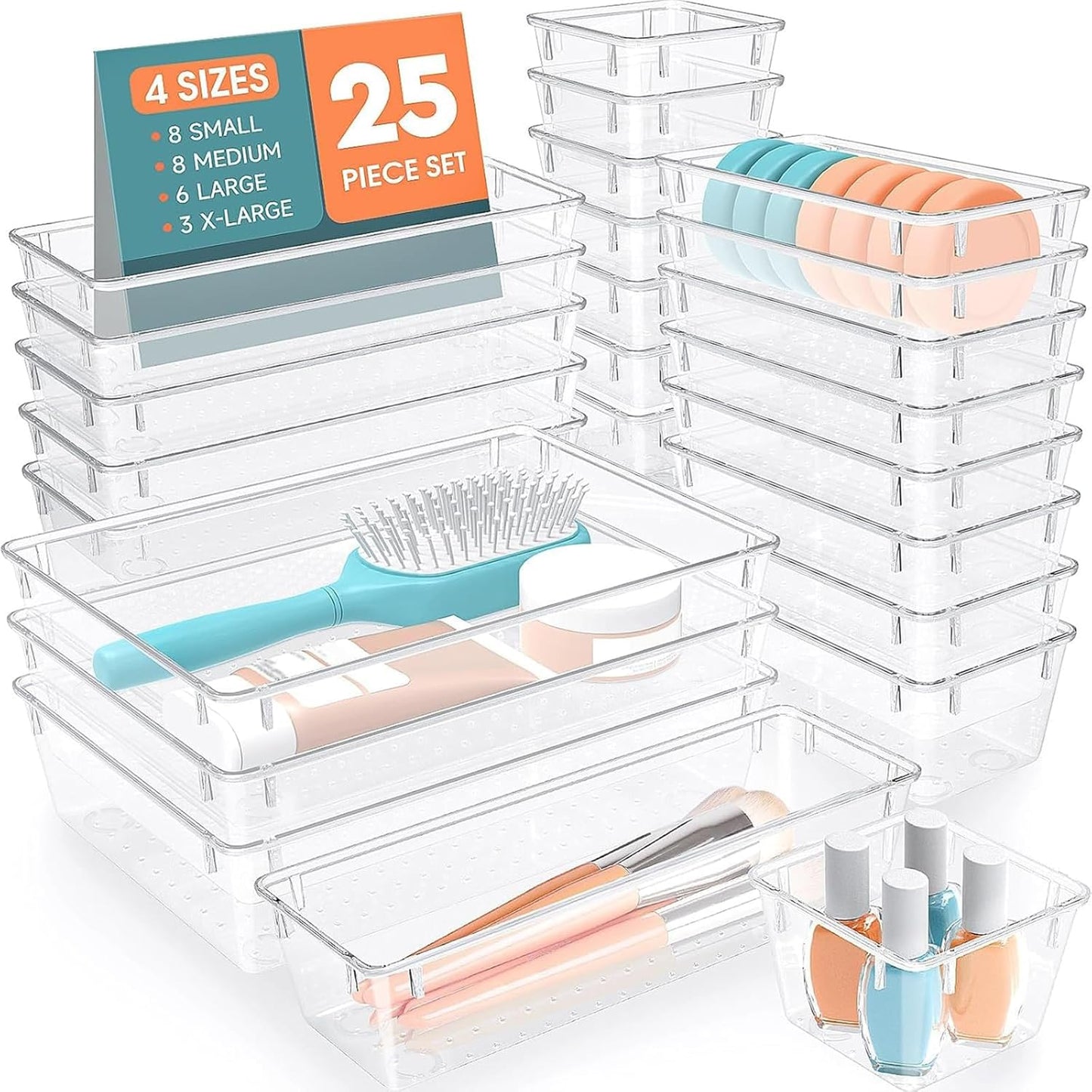 25 PCS Plastic Drawer Organizer Set, 4-Size Versatile Organizer Trays & storage Bins for Makeup, Jewelry, and Gadgets in Bathroom, Bedroom and Office,Clear White