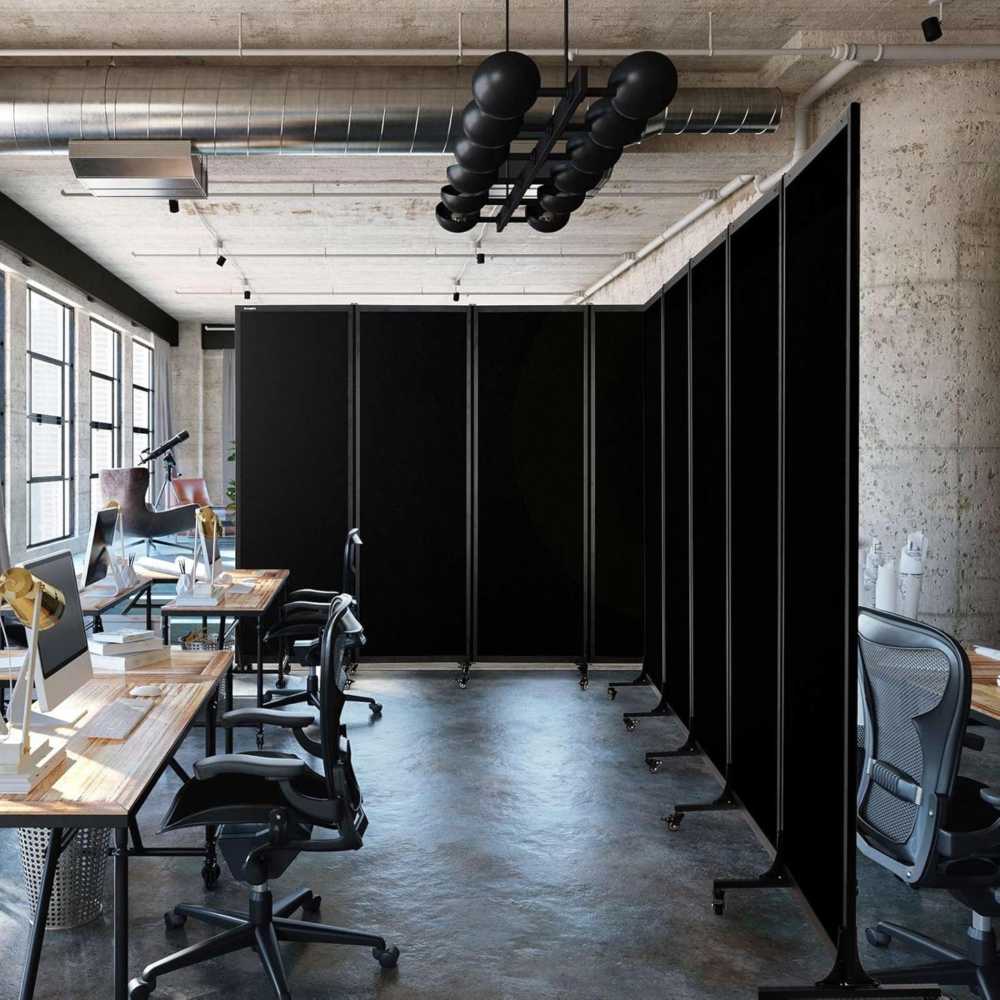 Upgrade Version Room Partition and Divider, Freestanding Rolling Dividers with Wheels,Office Privacy Screen Divider Wall,Classroom Felt Dividers,12'2"L* 6'7"H,6 Panel，Black