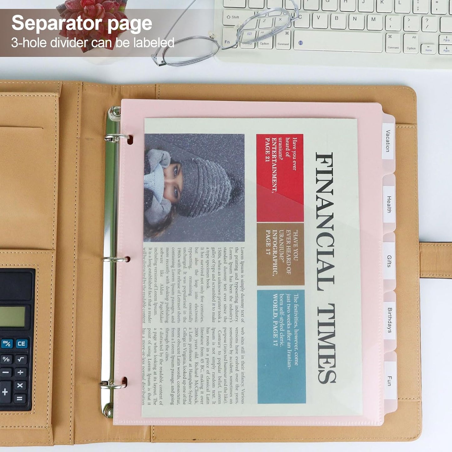 5 tab dividers for 3 Ring Binder with Pockets, Plastic Dividers with Clear Front Pocket, 5-tab Index Dividers with 3 Holes Punched for School & Office Supplies (Pink - 2 Sets)