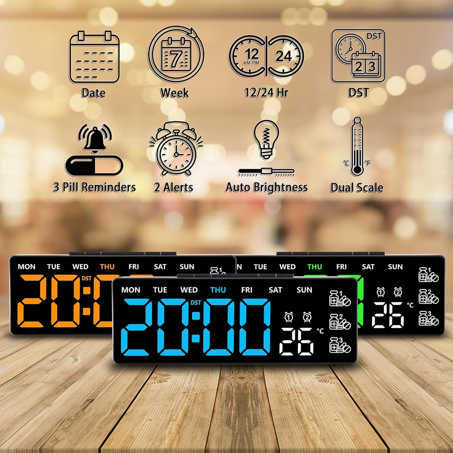 8 Inch LED Digital Desk Clock with Medication Reminders – Large Display with Time, Date, Day, Temperature, Triple Pill Alerts, Dual Alarm, Silent Clock for Home and Office,Blue