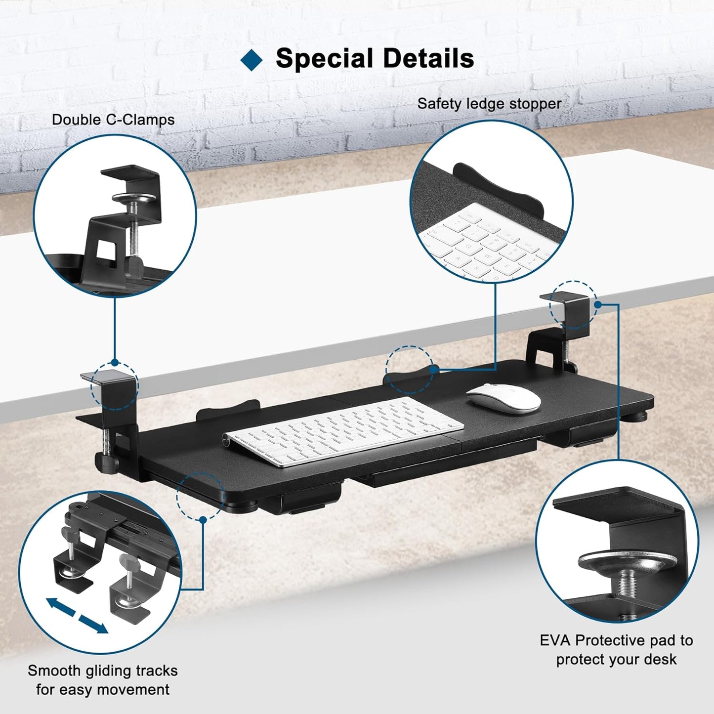 Keyboard Tray Under Desk with Drawer,26.77" X 11.81" Keyboard Tray Large Size with C Clamp-on Mount, Easy to Install, Save Space for Office Desk (Black)