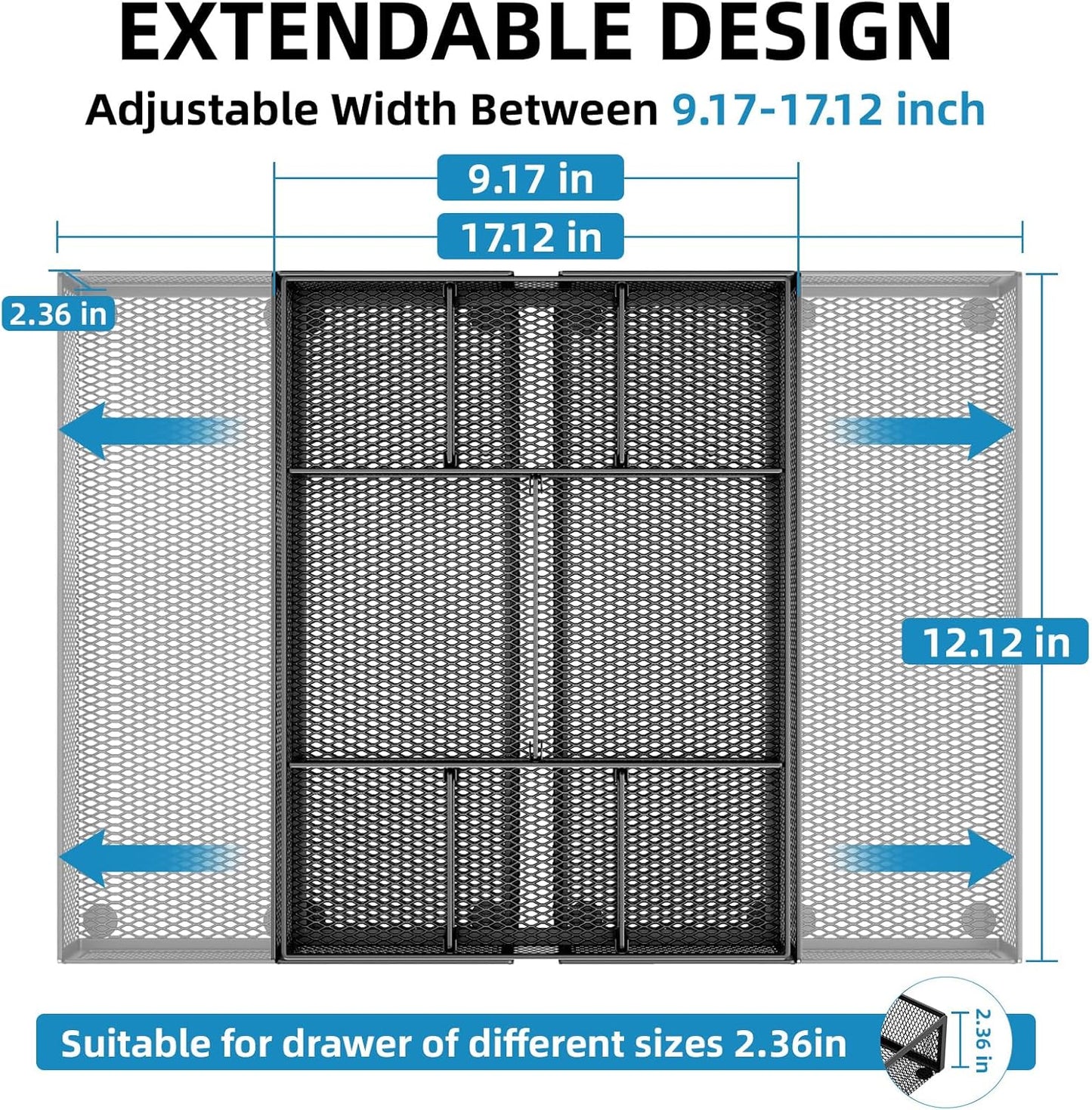 Marbrasse Expandable Desk Drawer Organizer, Mesh Drawer Organizer Tray with 10 Adjustable Compartments, Desk Organizers and Accessories for Office Supplies, Makeup & Vanity (Expandable Black-2 pack)