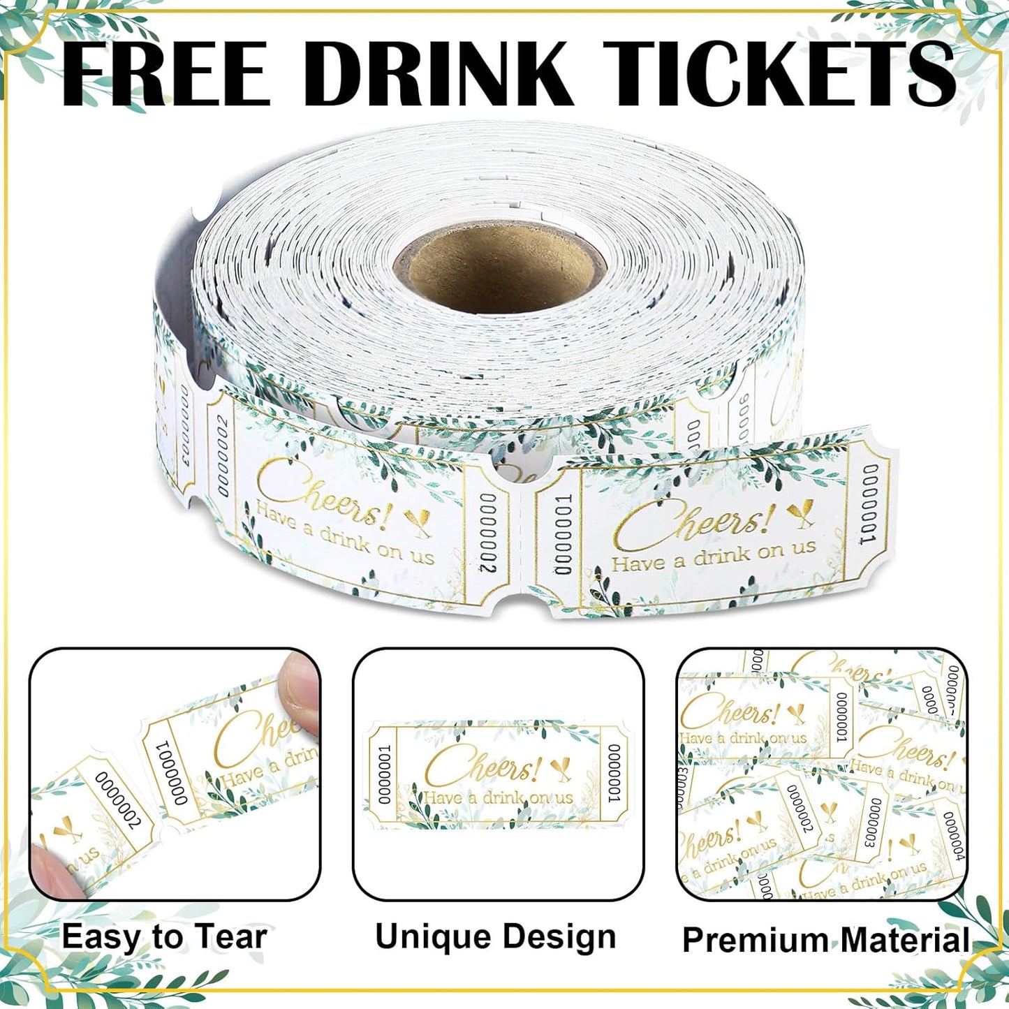 TaoBary 2 Rolls 1000 Pcs Free Drink Ticket Roll Raffle Party Tickets for Events Wedding and Parties(Greenery)