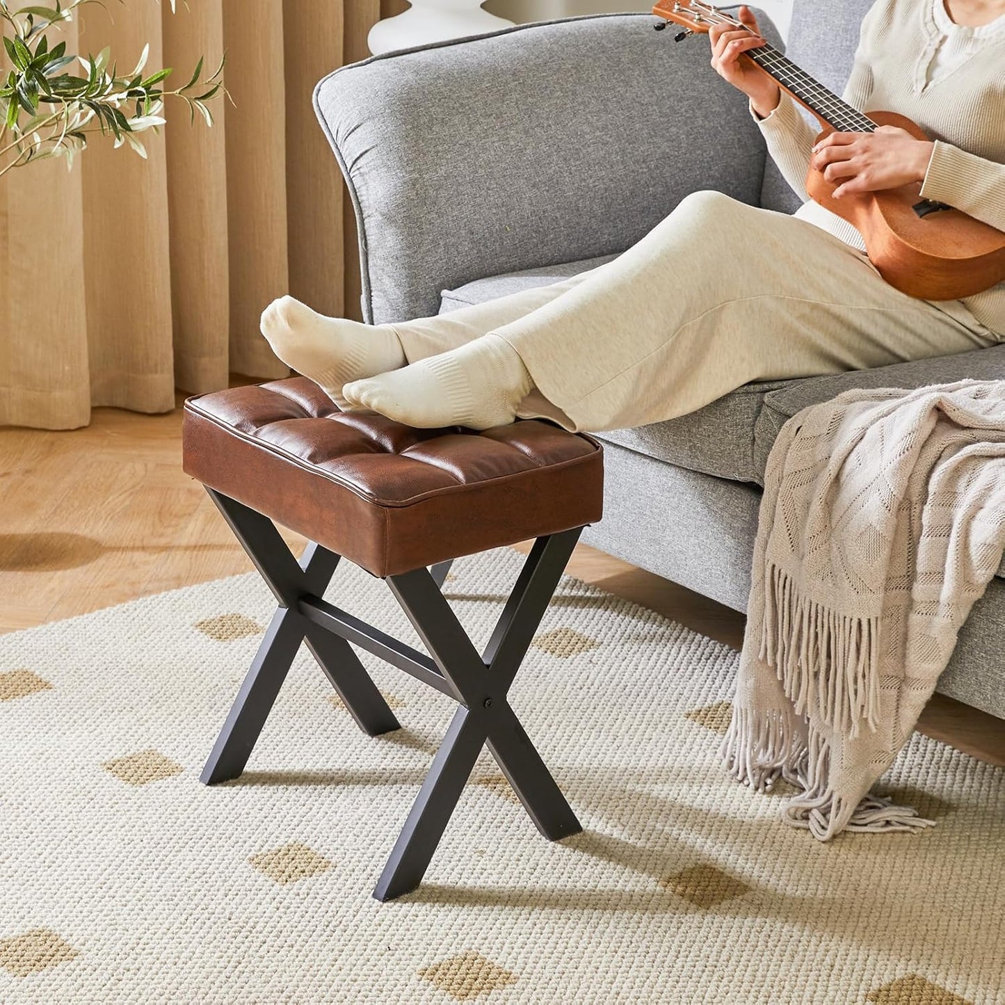 IBUYKE Square Makeup Stool with X-Leg Foot Rest, PU Footrest, Ottoman Seat Vanity Stool, Multi-Use as Small Side Table, for Bedroom, Living Room, Dark Brown LG-71Z