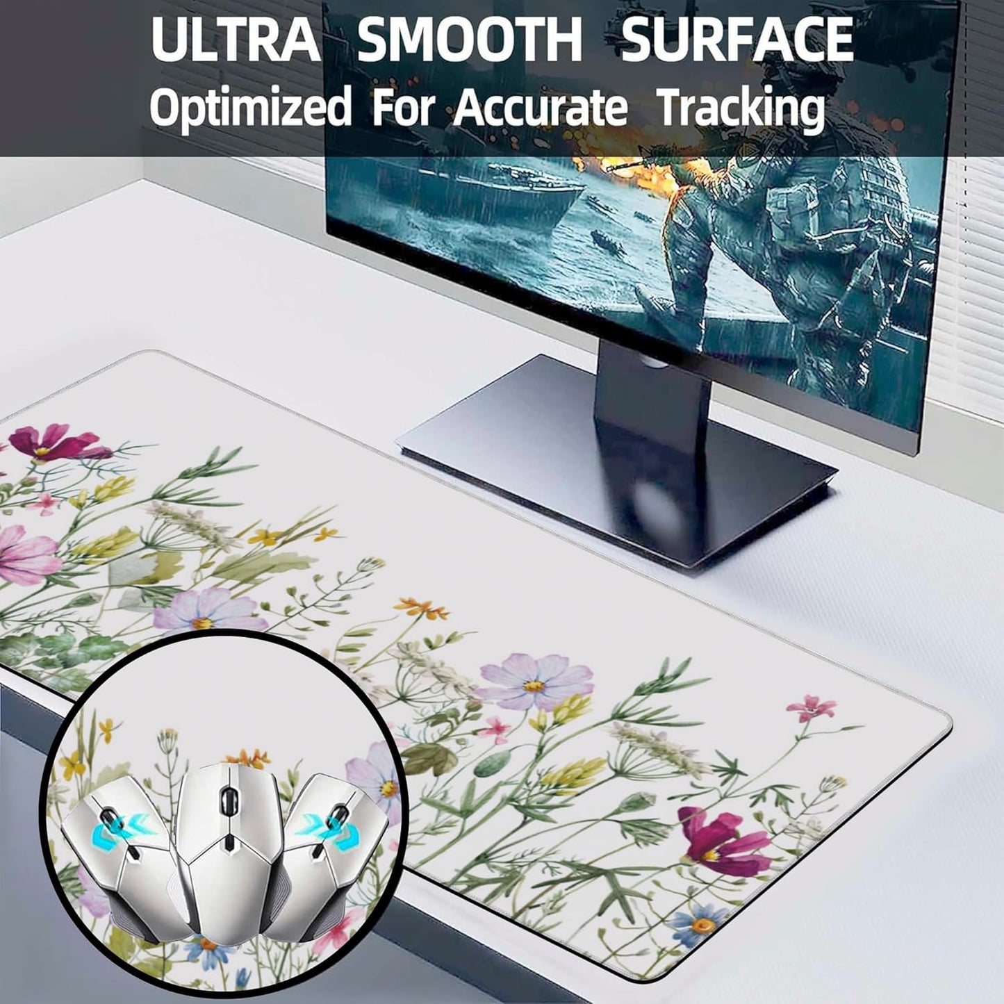 Desk Mat, Vintage Watercolor Flowers Extended Large Gaming Mouse Pad for Desk XXL, Non-Slip Rubber Base Stitched Edges Long Computer Keyboard Desk Pad Mouse Mat for Home Office Gaming 35.4"X15.7"