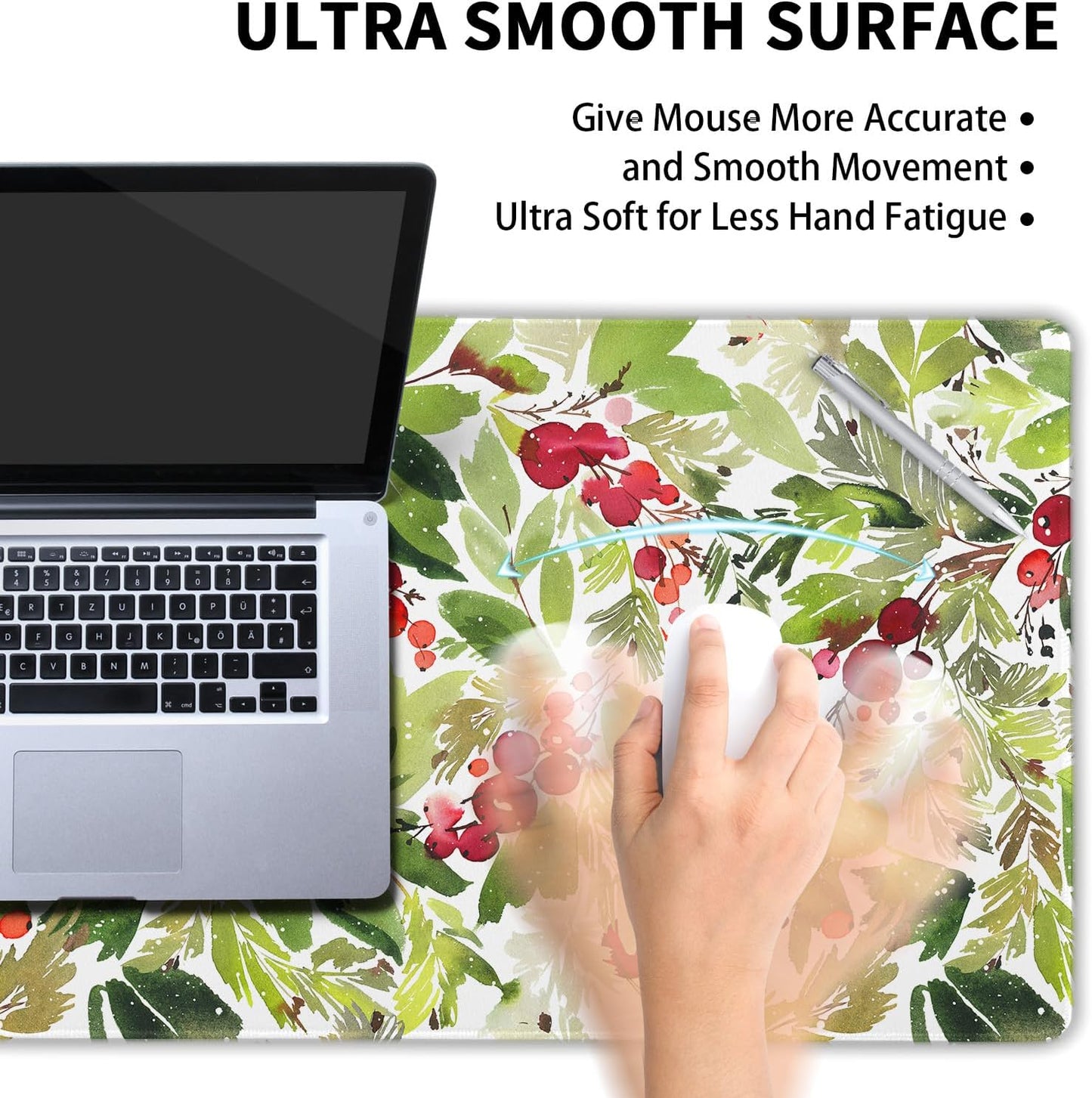 Watercolor Holly Christmas Gaming Mouse Pad XL Green Leaves Red Berry Xmas Extended Large Mat Mousepad Desk Pad Rubber Base Stitched Edge Winter Holiday Long Keyboard Pad for Computer,31.5×11.8 Inch