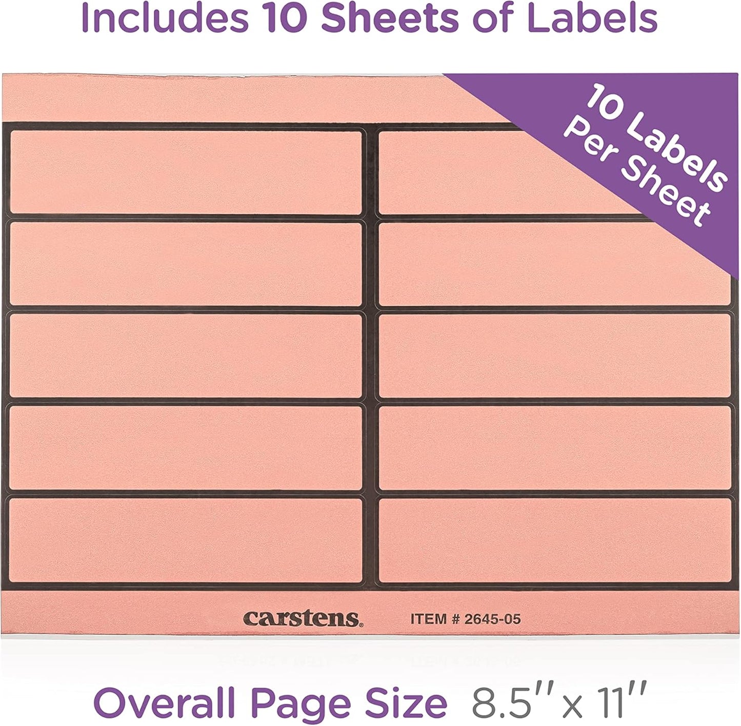 Carstens Adhesive Binder Labels, 5 3/8” x 1 3/8”, Stickers for 1.5” – 4” Ring Binder Spines, Inkjet and Laser Printer Compatible, Pink, 20 Sheets, 10 Labels Per Sheet