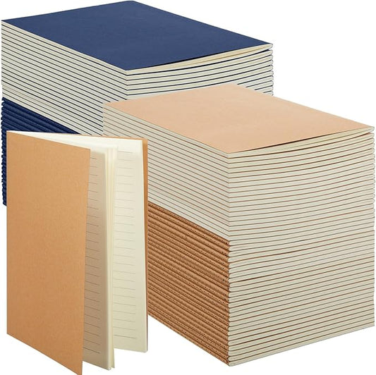Mimorou 100 Pcs Kraft Notebook Journals 5.5 Inch x 8.3 Inch A5 Softcover Notebooks Bulk for Writing Sketch Office Notepad with 60 Pages 30 Sheets(Brown, Navy,Unlined)