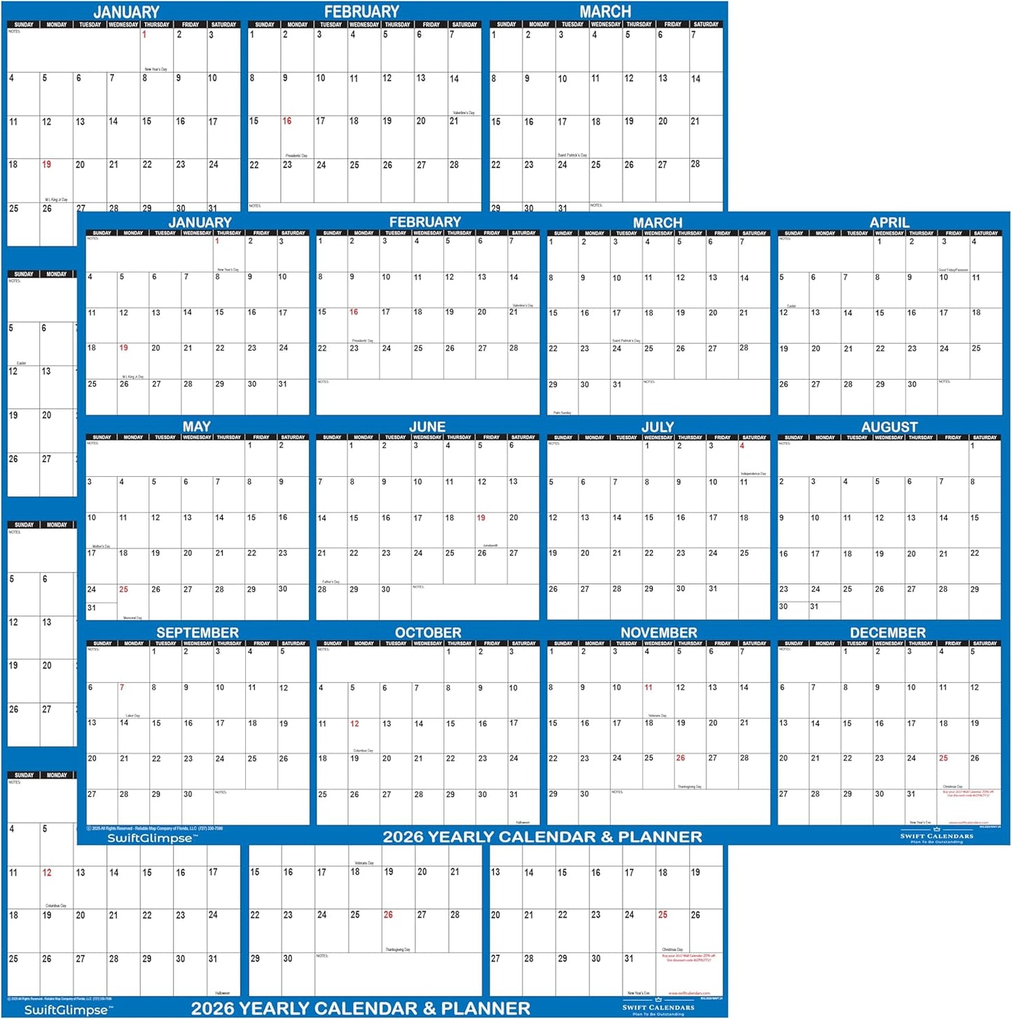 32" x 48" SwiftGlimpse 2026 Wall Calendar Erasable Large XL Wet & Dry Erase Laminated 12 Month Annual Yearly Wall Planner, Reversible, Navy