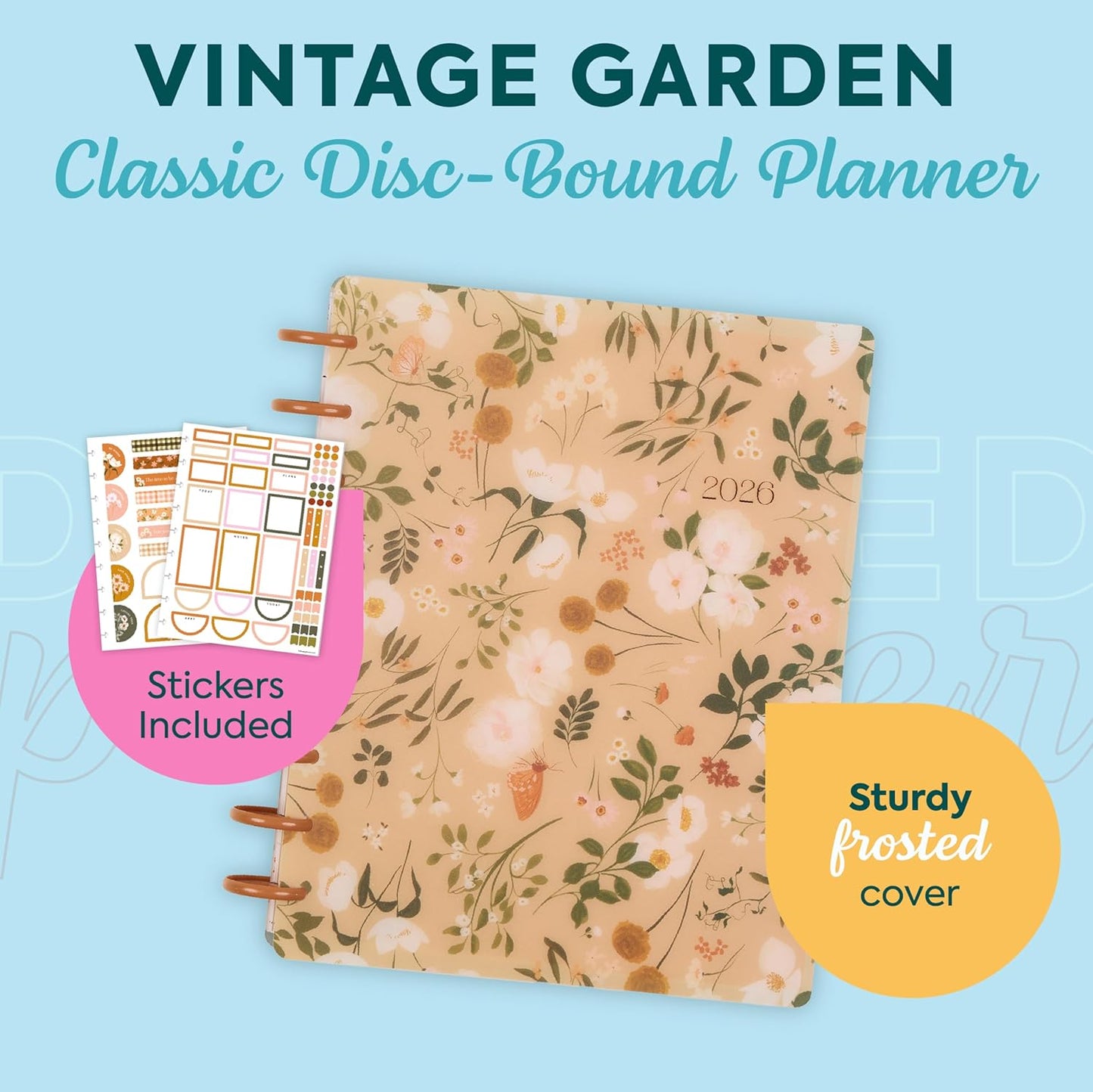 Happy Planner Disc-Bound Planner Jan.–Dec. 2026, Includes 3 Extra Months and 2 Sticker Sheets, Classic Size, 7" x 9.25", Dashboard Layout, Vintage Garden Tan