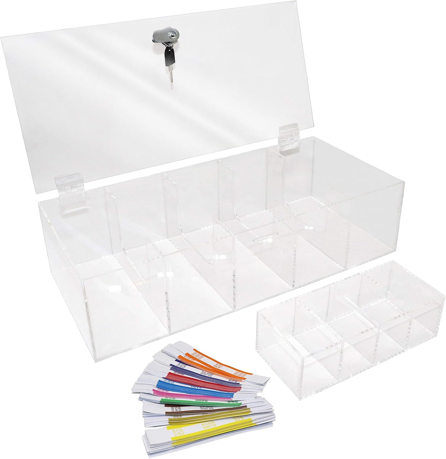 Clear Locking Currency Tray, 5 Compartment Cash Organizer Money Storage Box with Lockable Cover and Coin Tray Insert, 300 Currency Wrappers Included