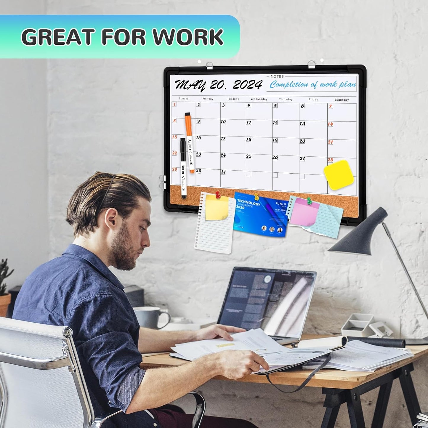 Monthly Calendar Whiteboard, 24"x18" Dry Erase Cork Board Combination for Wall, Magnetic Dry Erase Board, Double-Sided White Board, Portable Board for Office, Kitchen, Planning, Memo, School, Home