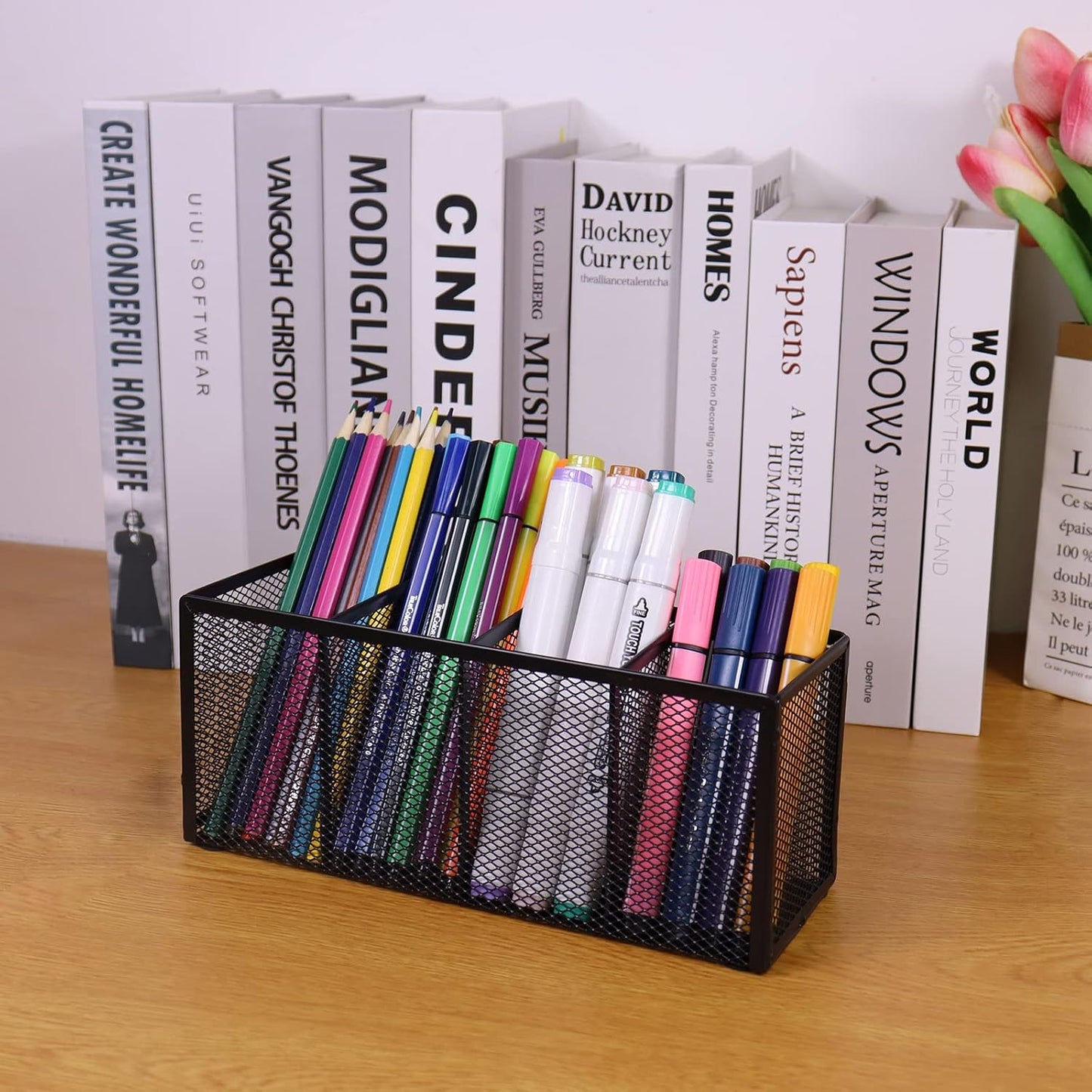 2PCS Black Mesh Pen Pencil Holder, Metal Desk Organizer Desktop Stationery Office Supplies Acessories Storage Stand, 4 Compartments Brushes Holder for Home School Classroom Teachers