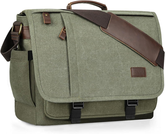 ESTARER Men's Messenger Bag 17.3 Inch, Water-resistant Canvas Laptop Bag, Computer Shoulder Bag for College Travel Work, Army Green