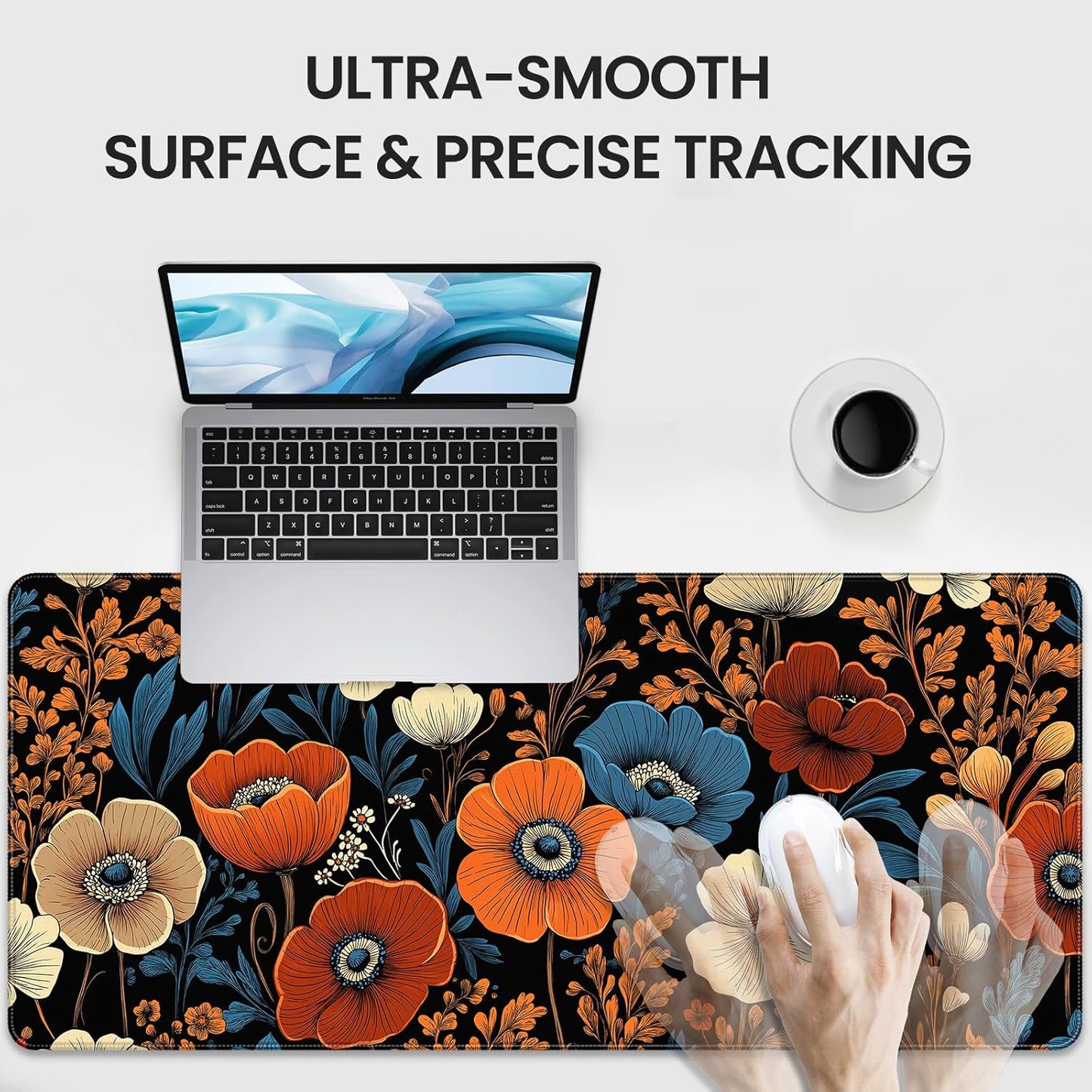 35.4 x 15.7 inches, Large Desktop Mouse pad, Keyboard and Mouse Pads for Work and Home Computers, and Large Laptop Mouse mat，Orange Blue Flowers