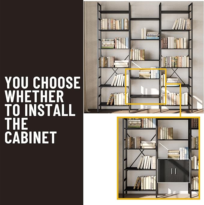 70x78 “ Triple 6 Tier Book Shelf, Industrial Large Bookcase with Storage Cabinet, Tall Bookshelf with 16 Open Display Shelves Metal Frame Furniture for Living Room Bedroom Home Office Black