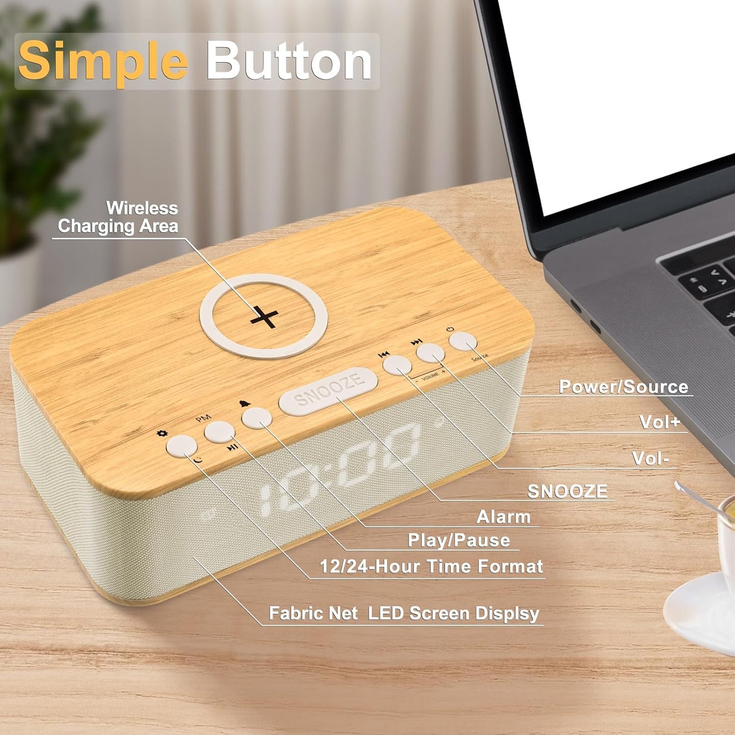 Alarm Clocks Large Snooze Button, Digital Clock USB Charger Port, Bluetooth Speaker Alarm Clock Bedroom AUX USB Bluetooth Speaker Wireless Charging 12/24H Dual Alarms Snooze Dimmer Sleep Timer, Yellow