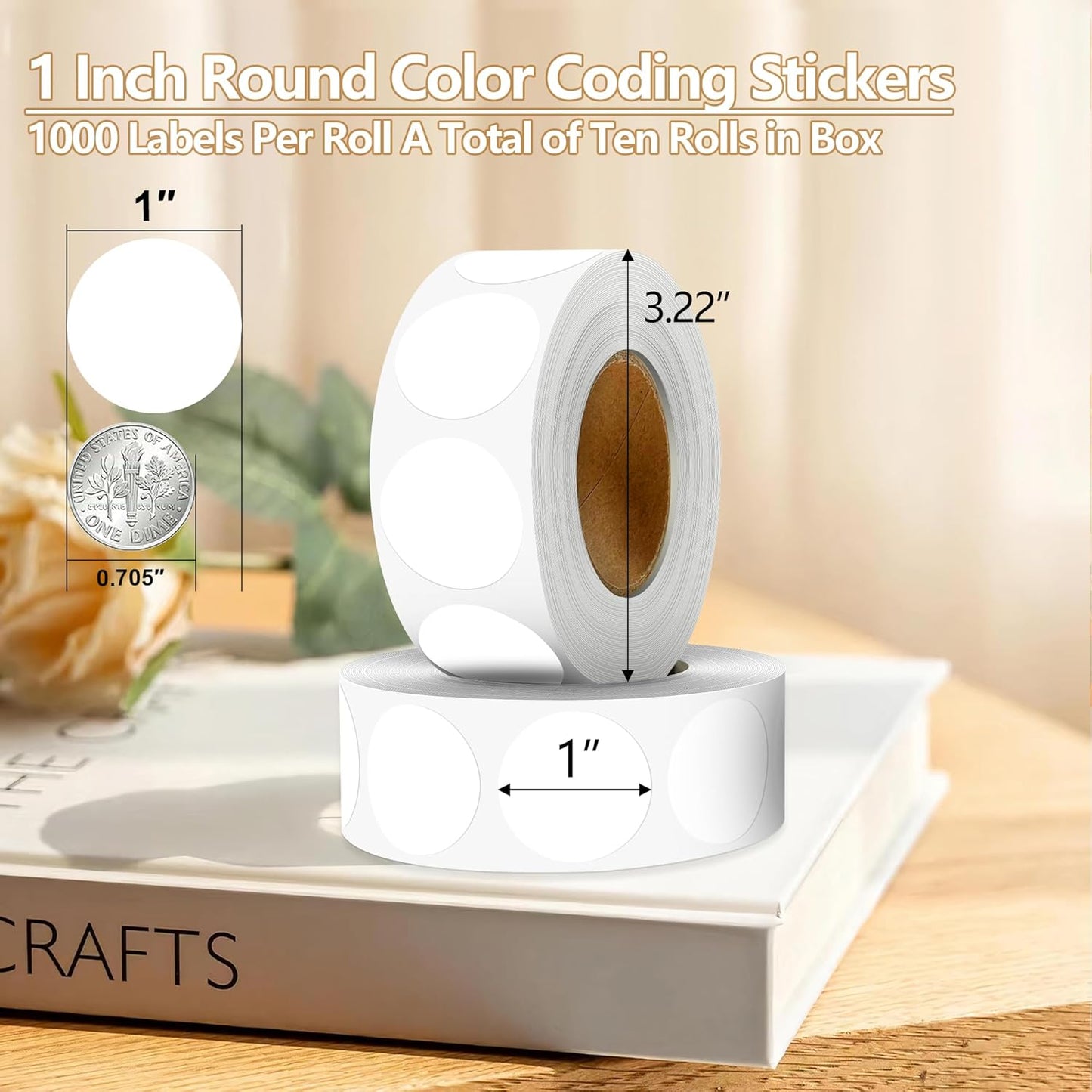 White 1 Inch Round Color Coding Dot Labels, 10 Rolls 10000 Dot Stickers in Dispenser Box - Permanent Adhesion, Vibrant Colors, Highly Visible