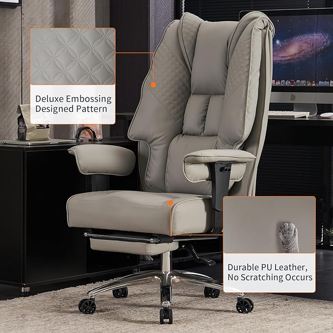 Big and Tall Office Chair 400lbs Wide Seat, Leather High Back Executive Office Chair with Foot Rest, Ergonomic Chairs Lumbar Support for Lower Back Pain Relief (Light Grey)