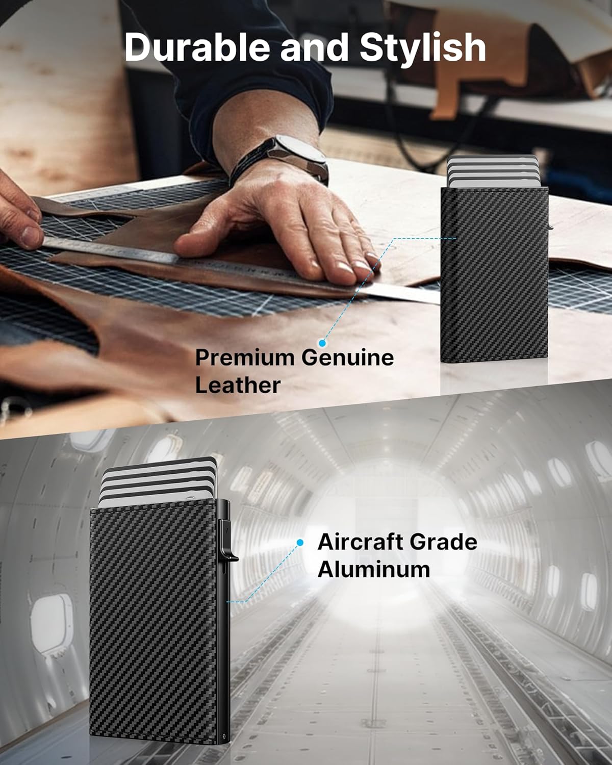 typecase Mens Wallet Card Holder: Pop Up Aluminum Case, Genuine Leather, Smart, RFID Blocking, Slim, Minimalist, Front Pocket - 9-14 Card Capacity | ID Window | Cash Slot (Carbon Fiber Navy)