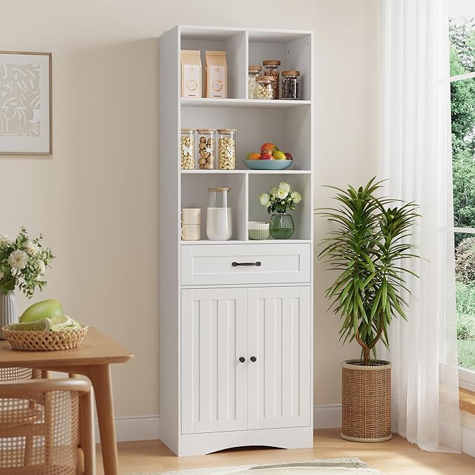 Gizoon Storage Cabinet, 71'' H Kitchen Storage Cabinet with Doors & Drawers, Kitchen Pantry with Adjustable Shelves, Anti-tip, Metal Handle, for Living Room, Office, Bathroom, White